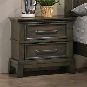 English Elm Contemporary rustic gray nightstand with crown molding, pewter bar pulls, solid wood veneer, 25½"H B011131274