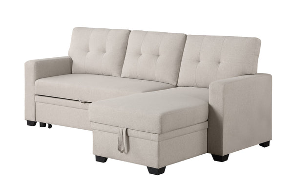 English Elm Upholstered Convertible Pull-Out Sectional Sofa with Chaise and Removable Cushions for Guests Beige B102S00004