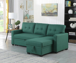 English Elm Upholstered Convertible Pull-Out Sectional Sofa with Chaise and Removable Cushions for Guests Green B102S00003