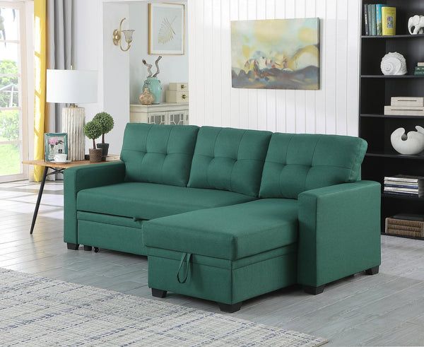 English Elm Upholstered Convertible Pull-Out Sectional Sofa with Chaise and Removable Cushions for Guests Green B102S00003