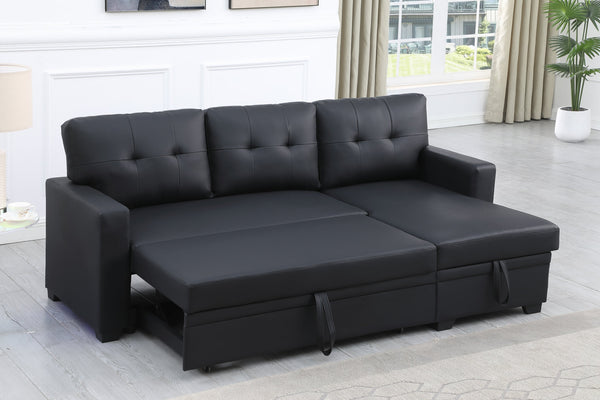 English Elm Upholstered Convertible Pull-Out Sectional Sofa with Chaise and Removable Cushions for Guests Black B102S00006