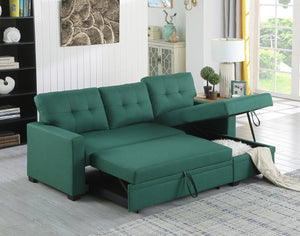 English Elm Upholstered Convertible Pull-Out Sectional Sofa with Chaise and Removable Cushions for Guests Green B102S00003