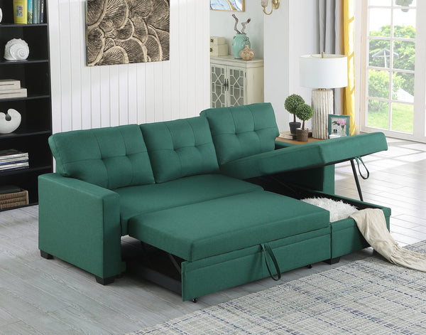 English Elm Upholstered Convertible Pull-Out Sectional Sofa with Chaise and Removable Cushions for Guests Green B102S00003