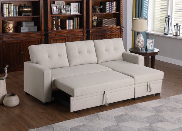 English Elm Upholstered Convertible Pull-Out Sectional Sofa with Chaise and Removable Cushions for Guests Beige B102S00004