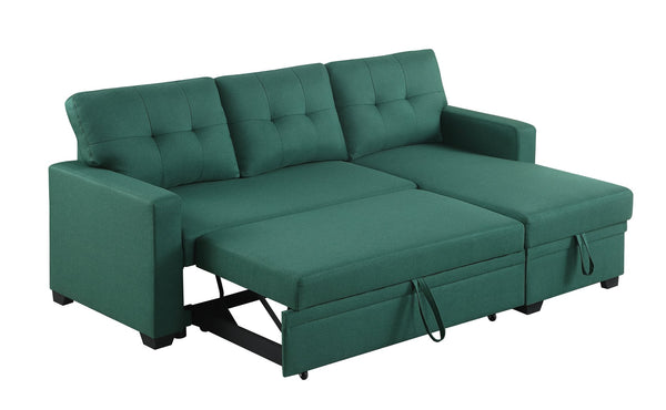 English Elm Upholstered Convertible Pull-Out Sectional Sofa with Chaise and Removable Cushions for Guests Green B102S00003