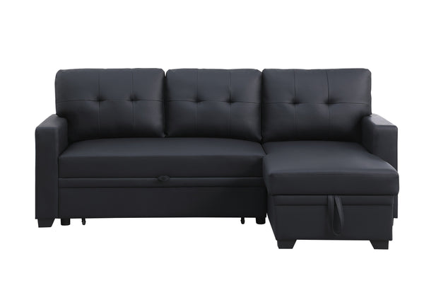 English Elm Upholstered Convertible Pull-Out Sectional Sofa with Chaise and Removable Cushions for Guests Black B102S00006