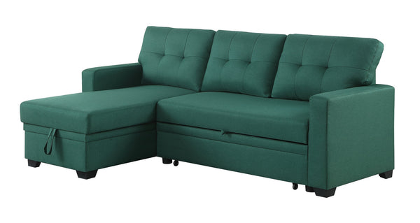 English Elm Upholstered Convertible Pull-Out Sectional Sofa with Chaise and Removable Cushions for Guests Green B102S00003