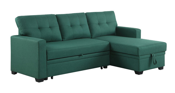 English Elm Upholstered Convertible Pull-Out Sectional Sofa with Chaise and Removable Cushions for Guests Green B102S00003