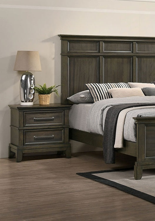 English Elm Contemporary rustic gray nightstand with crown molding, pewter bar pulls, solid wood veneer, 25½"H B011131274