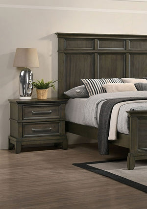 English Elm Contemporary 1 Piece Nightstand Gray Color Solid Wood Veneer Pewter Bar Pulls Crown Molding Details Bedroom Furniture