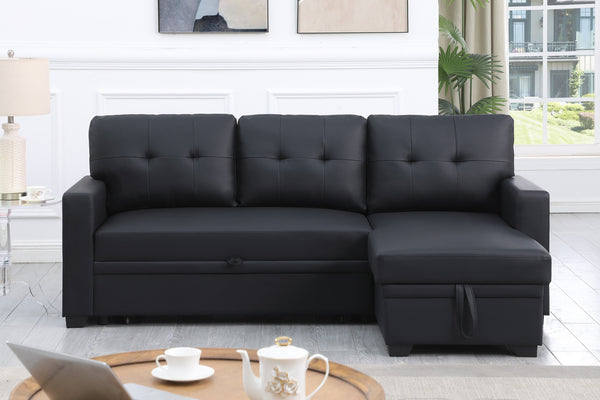 English Elm Upholstered Convertible Pull-Out Sectional Sofa with Chaise and Removable Cushions for Guests Black B102S00006