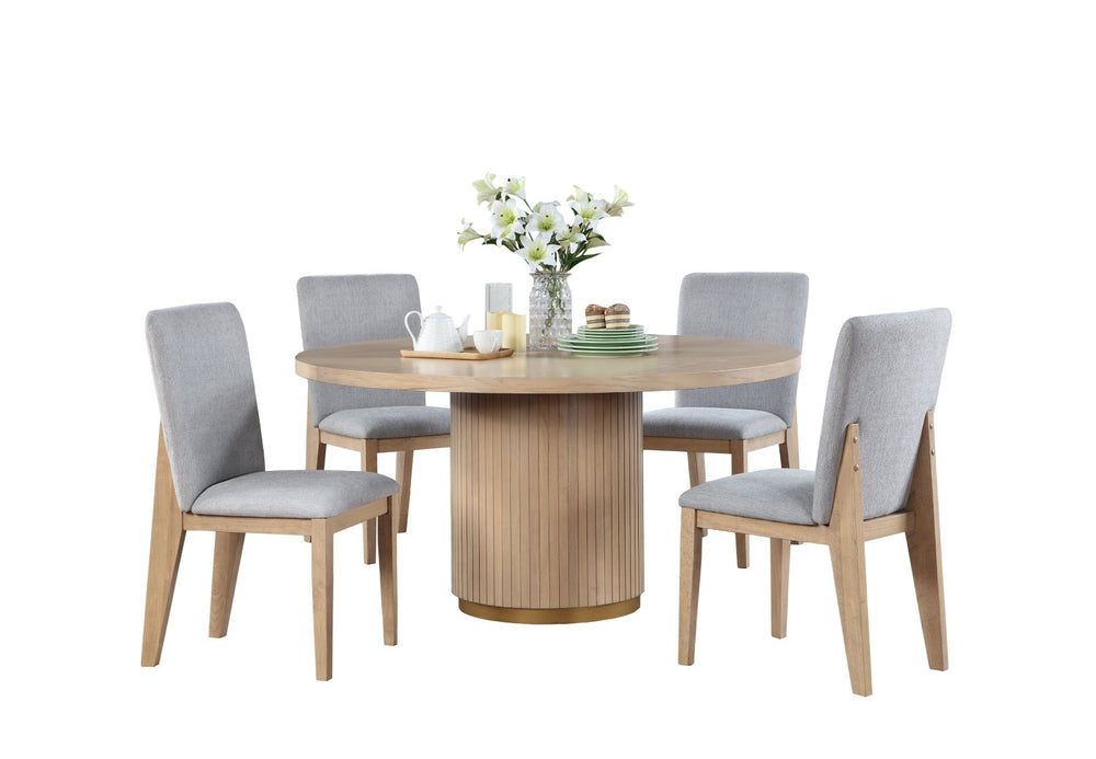 English Elm Caspian Round Oak Veneer Pedestal Dining Table Set Seats Four with Gray Upholstered Chairs B061S00743