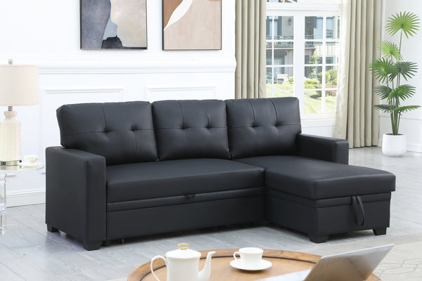 English Elm Upholstered Convertible Pull-Out Sectional Sofa with Chaise and Removable Cushions for Guests Black B102S00006