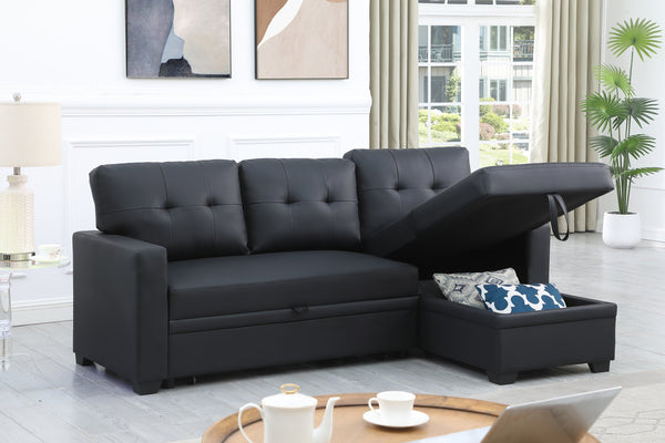 English Elm Upholstered Convertible Pull-Out Sectional Sofa with Chaise and Removable Cushions for Guests Black B102S00006