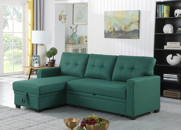 English Elm Upholstered Convertible Pull-Out Sectional Sofa with Chaise and Removable Cushions for Guests Green B102S00003