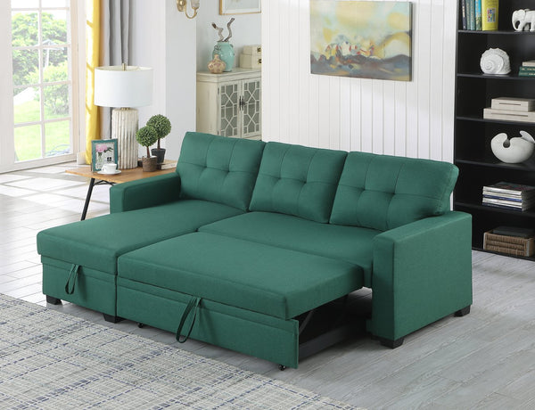 English Elm Upholstered Convertible Pull-Out Sectional Sofa with Chaise and Removable Cushions for Guests Green B102S00003