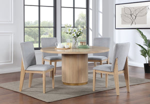 English Elm Caspian Round Oak Veneer Pedestal Dining Table Set Seats Four with Gray Upholstered Chairs B061S00743