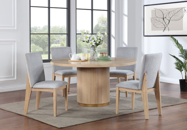 English Elm Caspian Round Oak Veneer Pedestal Dining Table Set Seats Four with Gray Upholstered Chairs B061S00743