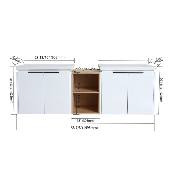 English Elm 60 Inch Modern Soft Close Bathroom Vanity With Double Ceramic Sinks & Smart Storage Solution W999S00113