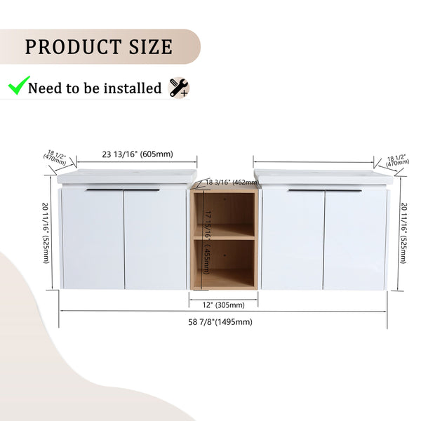 English Elm 60 Inch Modern Soft Close Bathroom Vanity With Double Ceramic Sinks & Smart Storage Solution W999S00113