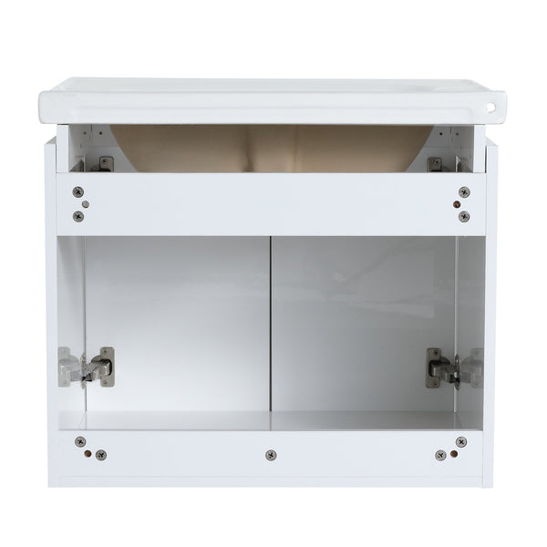 English Elm 36 Inch Modern Wall-Mounted Bathroom Vanity Set With Soft-Close Doors, Ceramic Sink & Storage Shelf W999S00111