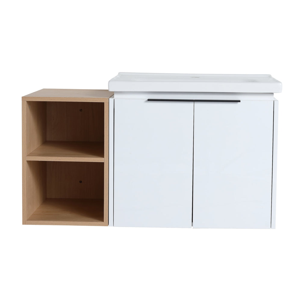 English Elm 36 Inch Modern Wall-Mounted Bathroom Vanity Set With Soft-Close Doors, Ceramic Sink & Storage Shelf W999S00111