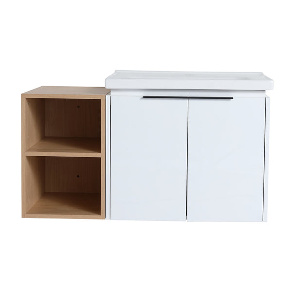 English Elm 36 Inch Modern Wall-Mounted Bathroom Vanity Set With Soft-Close Doors, Ceramic Sink & Storage Shelf W999S00111