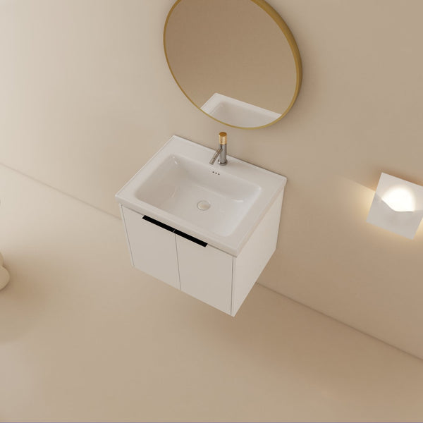 English Elm 24 Inch Wall Mounted Vanity with Ceramic Basin, Soft-Close Doors, Metal Handles, Water-Resistant Plywood W999125749