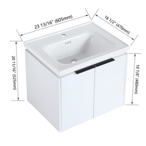 English Elm 24 Inch Wall Mounted Vanity with Ceramic Basin, Soft-Close Doors, Metal Handles, Water-Resistant Plywood W999125749