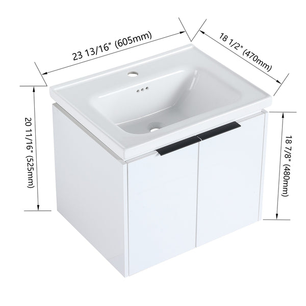 English Elm 24 Inch Wall Mounted Vanity with Ceramic Basin, Soft-Close Doors, Metal Handles, Water-Resistant Plywood W999125749