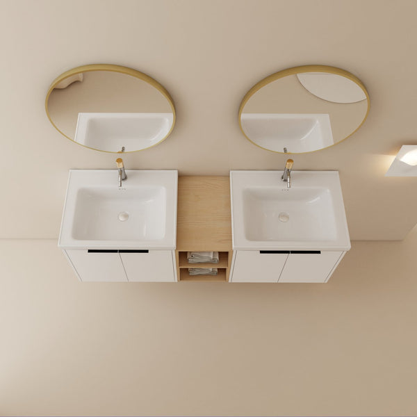 English Elm 60 Inch Modern Soft Close Bathroom Vanity With Double Ceramic Sinks & Smart Storage Solution W999S00113