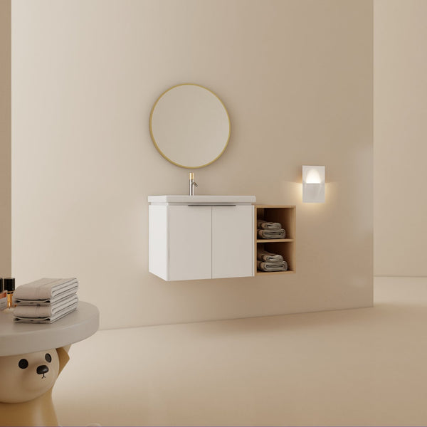 English Elm 36 Inch Modern Wall-Mounted Bathroom Vanity Set With Soft-Close Doors, Ceramic Sink & Storage Shelf W999S00111