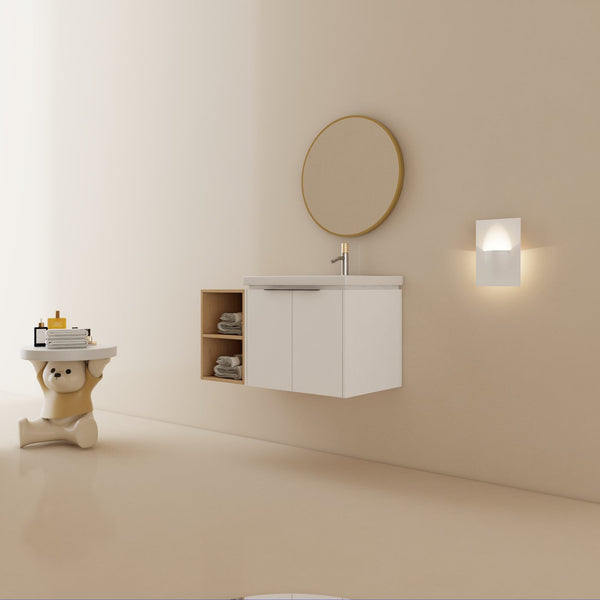 English Elm 36 Inch Modern Wall-Mounted Bathroom Vanity Set With Soft-Close Doors, Ceramic Sink & Storage Shelf W999S00111