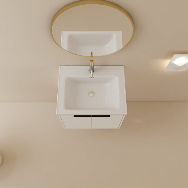 English Elm 24 Inch Wall Mounted Vanity with Ceramic Basin, Soft-Close Doors, Metal Handles, Water-Resistant Plywood W999125749