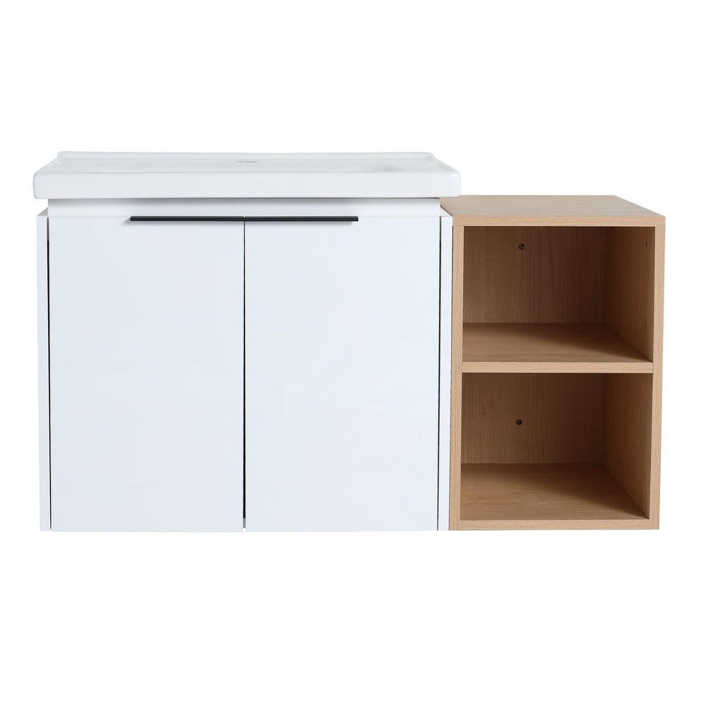 English Elm 36 Inch Modern Wall-Mounted Bathroom Vanity Set With Soft-Close Doors, Ceramic Sink & Storage Shelf W999S00111