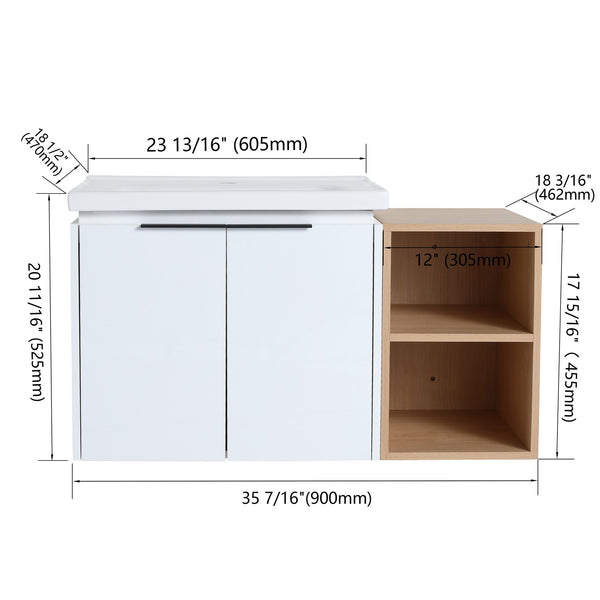 English Elm 36 Inch Modern Wall-Mounted Bathroom Vanity Set With Soft-Close Doors, Ceramic Sink & Storage Shelf W999S00111