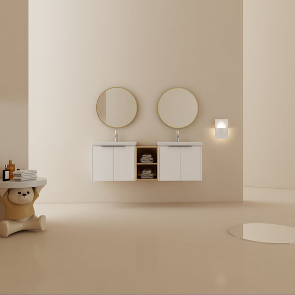 English Elm 60 Inch Modern Soft Close Bathroom Vanity With Double Ceramic Sinks & Smart Storage Solution W999S00113