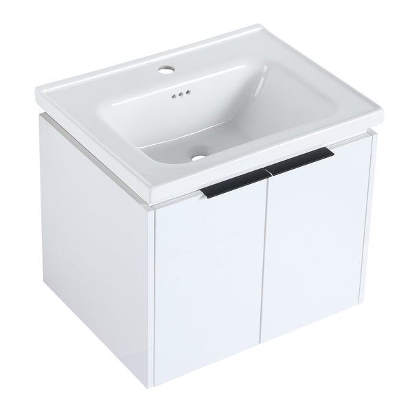 English Elm 24 Inch Wall Mounted Vanity with Ceramic Basin, Soft-Close Doors, Metal Handles, Water-Resistant Plywood W999125749