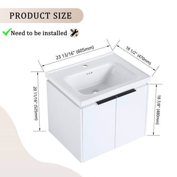 English Elm 24 Inch Wall Mounted Vanity with Ceramic Basin, Soft-Close Doors, Metal Handles, Water-Resistant Plywood W999125749