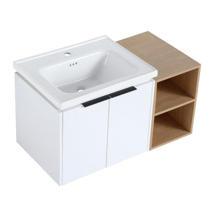 English Elm 36 Inch Modern Wall-Mounted Bathroom Vanity Set With Soft-Close Doors, Ceramic Sink & Storage Shelf W999S00111