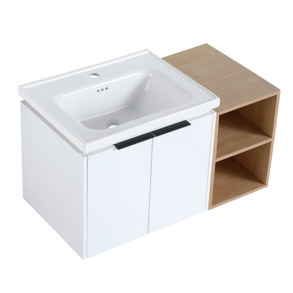 English Elm 36 Inch Modern Wall-Mounted Bathroom Vanity Set With Soft-Close Doors, Ceramic Sink & Storage Shelf W999S00111