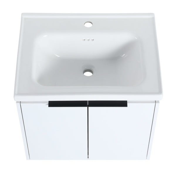 English Elm 24 Inch Wall Mounted Vanity with Ceramic Basin, Soft-Close Doors, Metal Handles, Water-Resistant Plywood W999125749