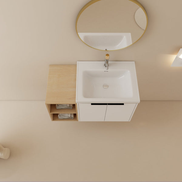English Elm 36 Inch Modern Wall-Mounted Bathroom Vanity Set With Soft-Close Doors, Ceramic Sink & Storage Shelf W999S00111