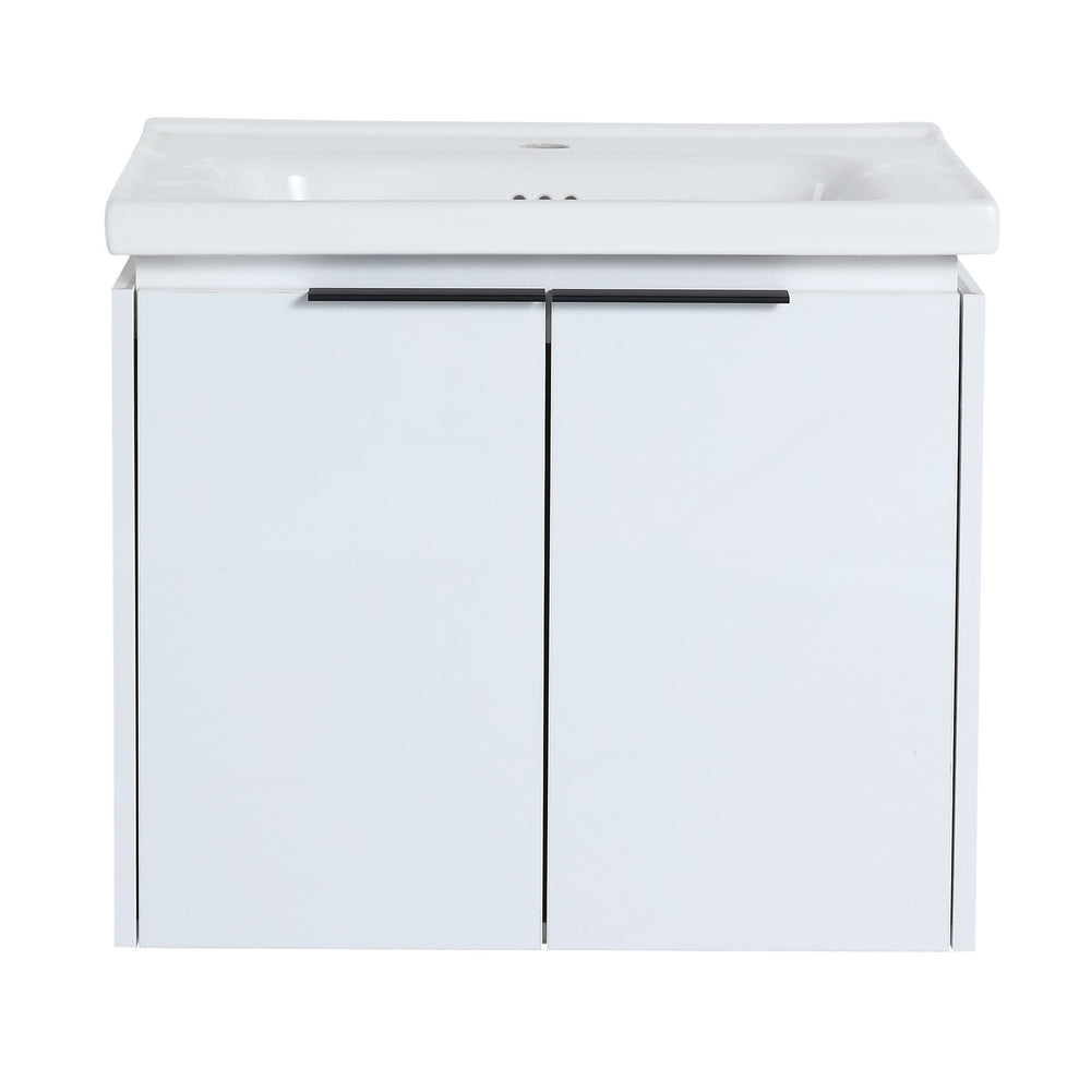 English Elm 24 Inch Wall Mounted Vanity with Ceramic Basin, Soft-Close Doors, Metal Handles, Water-Resistant Plywood W999125749