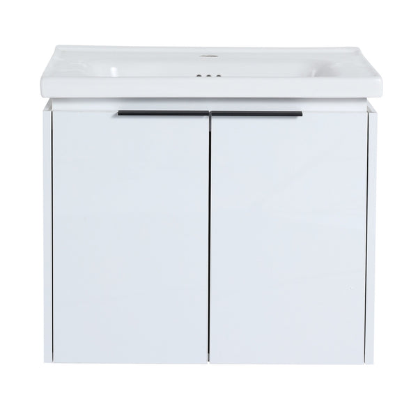 English Elm 24 Inch Wall Mounted Vanity with Ceramic Basin, Soft-Close Doors, Metal Handles, Water-Resistant Plywood W999125749