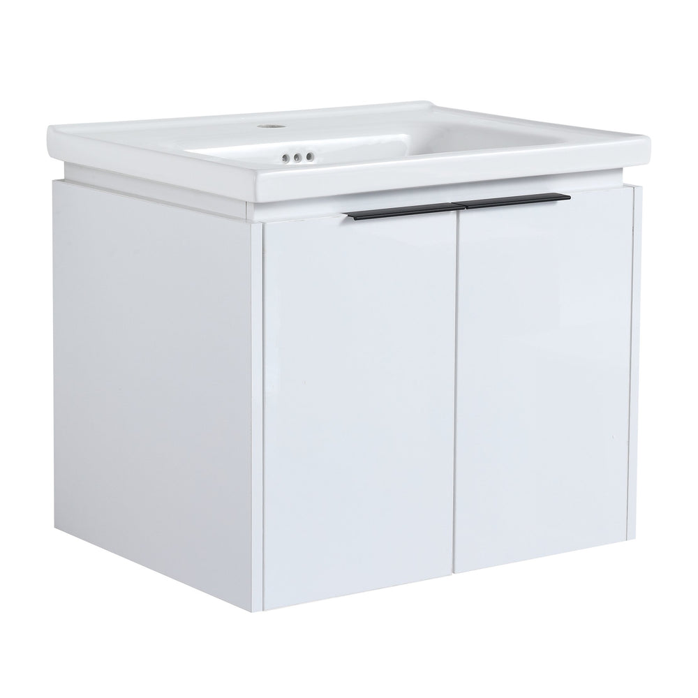 English Elm 24 Inch Wall Mounted Vanity with Ceramic Basin, Soft-Close Doors, Metal Handles, Water-Resistant Plywood W999125749