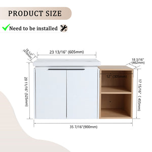 English Elm 36 Inch Modern Wall-Mounted Bathroom Vanity Set With Soft-Close Doors, Ceramic Sink & Storage Shelf W999S00111