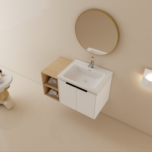 English Elm 36 Inch Modern Wall-Mounted Bathroom Vanity Set With Soft-Close Doors, Ceramic Sink & Storage Shelf W999S00111