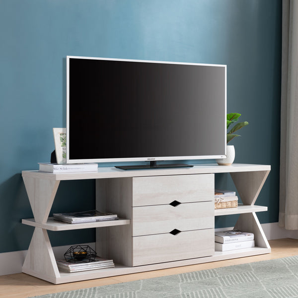 English Elm Modern White Oak TV Stand with 4 Open Shelves, 3 Smooth-Glide Drawers, Holds up to 60" TVs, Sleek Design B107131397