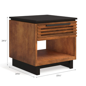 English Elm 24" Scandinavian Side Table in Black & Bourbon Finish, Poplar/Okume Craft, Drawer + Shelf, Ready B108131541